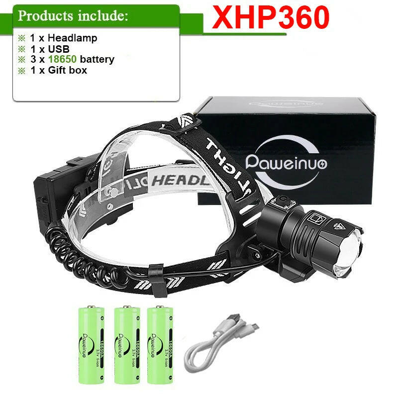 XHP360 Powerful LED Headlamp USB Rechargeable Head Flashlight High Power LED Headlight 18650 XHP90 Head Lamp Fishing Headlantern