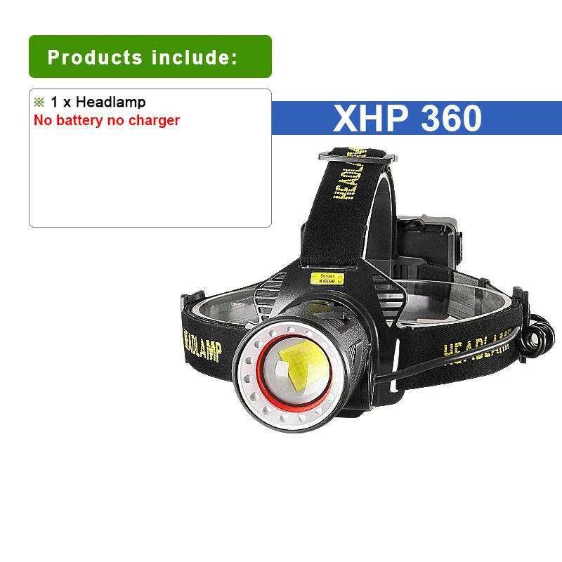 XHP360 Powerful Headlamp Usb Rechargeable Led Head Flashlight White Light Wide Range Headlight Led Head Lantern Fishing Hunting