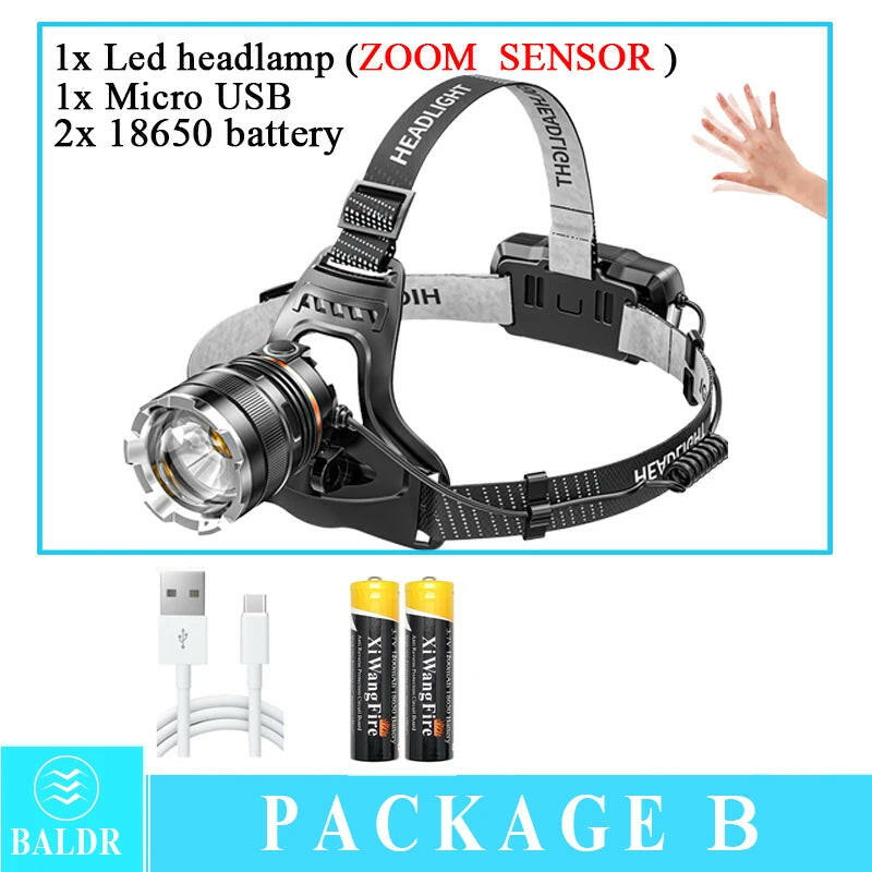 XHP50 LED Sensor Headlamp Waterproof Head Light Rechargeable Fishing Searching Camping Head Flashlight Zoom Lantern