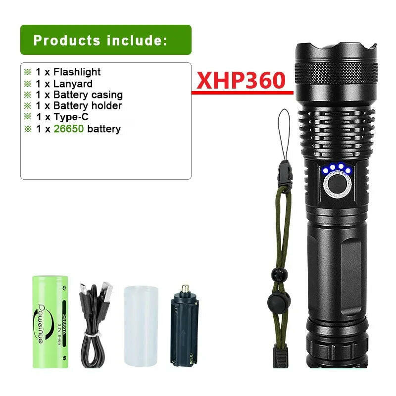 XHP360 Newest Powerful Flashlight Rechargeable Torch Light XHP90 High Power LED Flaslight USB Zoomable Camping Lantern Work Lamp