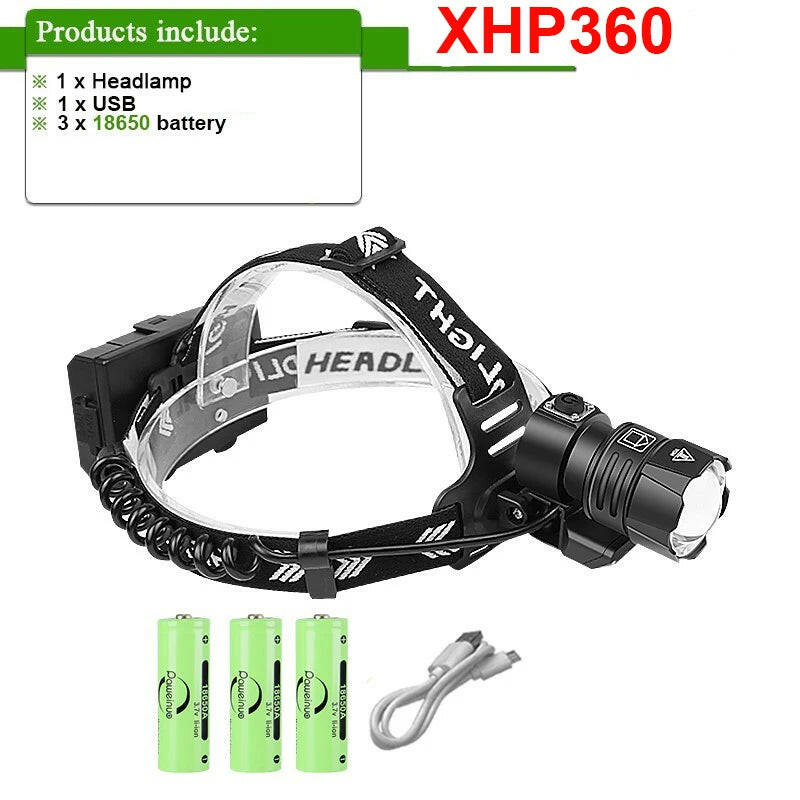 XHP360 Powerful LED Headlamp USB Rechargeable Head Flashlight High Power LED Headlight 18650 XHP90 Head Lamp Fishing Headlantern