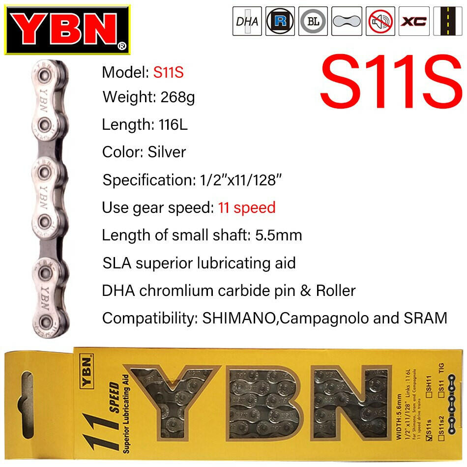 YBN Bike Chain 8/9/10/11/12 Speed MTB Road Bike Chain Compatible with SRAM SHIMANO Unpacked Bicycle Chain 116 Links Silver S11S