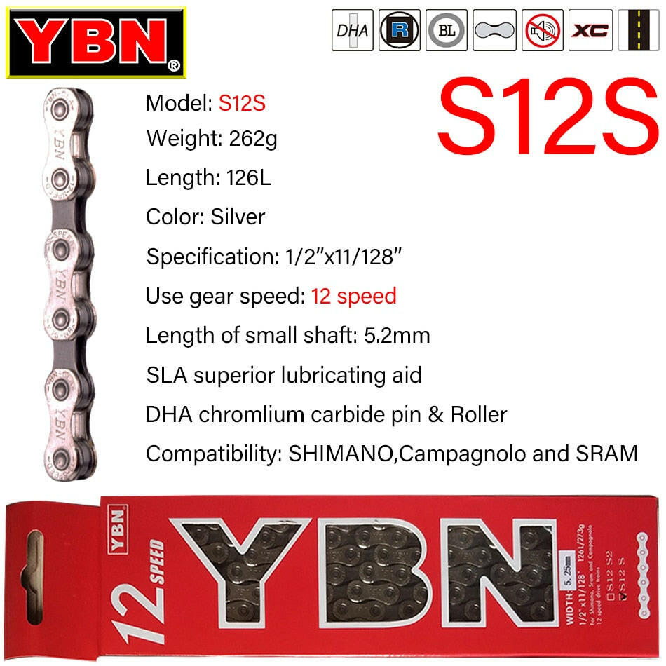 YBN Bike Chain 8/9/10/11/12 Speed MTB Road Bike Chain Compatible with SRAM SHIMANO Unpacked Bicycle Chain 116 Links Silver S11S