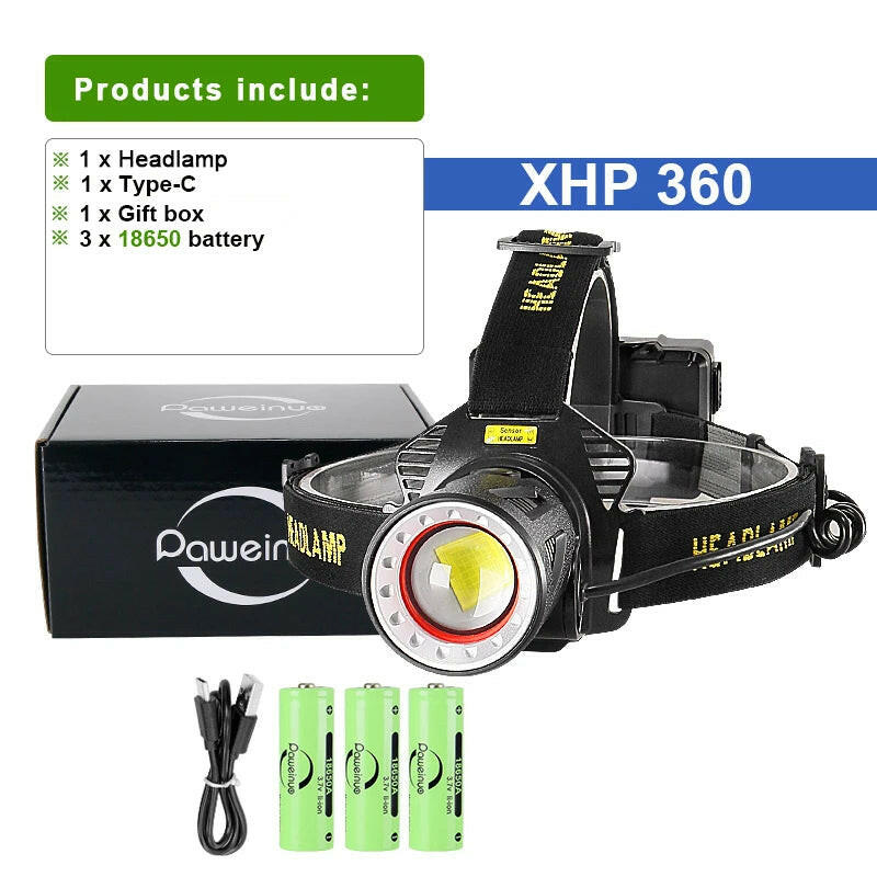 XHP360 High Power Fishing Headlamp Rechargeable Light Headlight LED Camping Hiking Power Bank Led Flashlights 18650 XHP70 XHP50