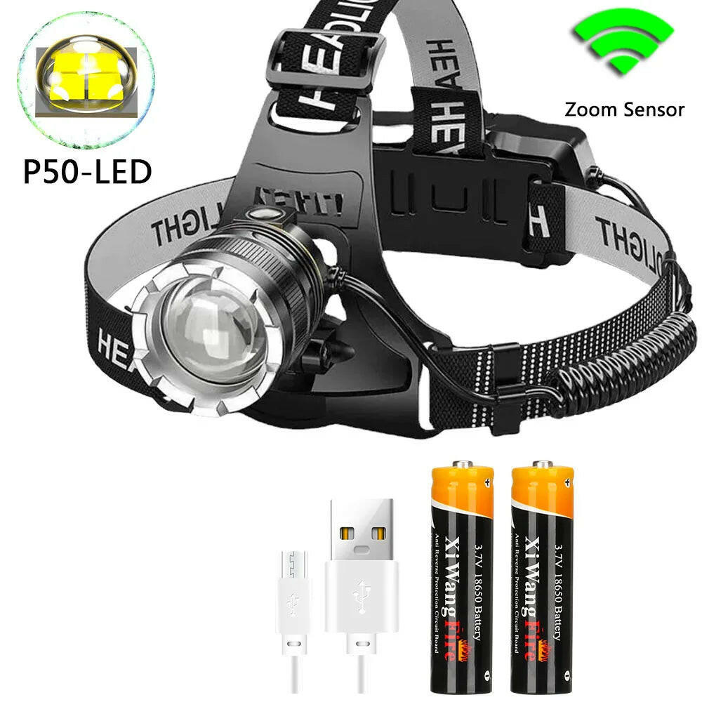 Zoomable Powerful LED Headlamp Sensor XHP50 Headlight Flashlight USB Rechargeable Head Lamp Camping Lanterna Use 18650 Battery