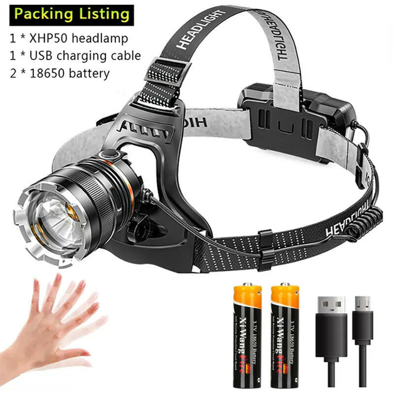 XHP70 Powerful LED Induction Headlamp USB Rechargeable 3*18650 With Battery Head Flashlight Outdoor Fishing Camping Head Torch