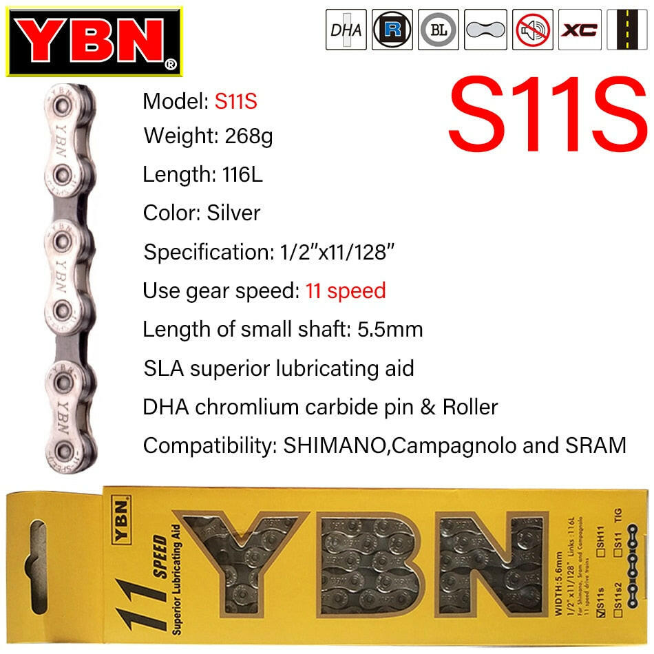 YBN Bike Chains MTB Mountain Road Bike Chians 11 Speed Hollow Bicycle Chain 116 Links Silver S11S for m7000 XT