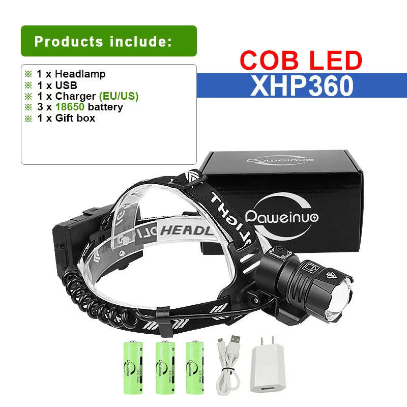 XHP360 COB LED Headlamp Powerful Headlight Flashlight 18650 USB Rechargeable XHP199 Head Light Zoom Waterproof Head Lamp Lantern