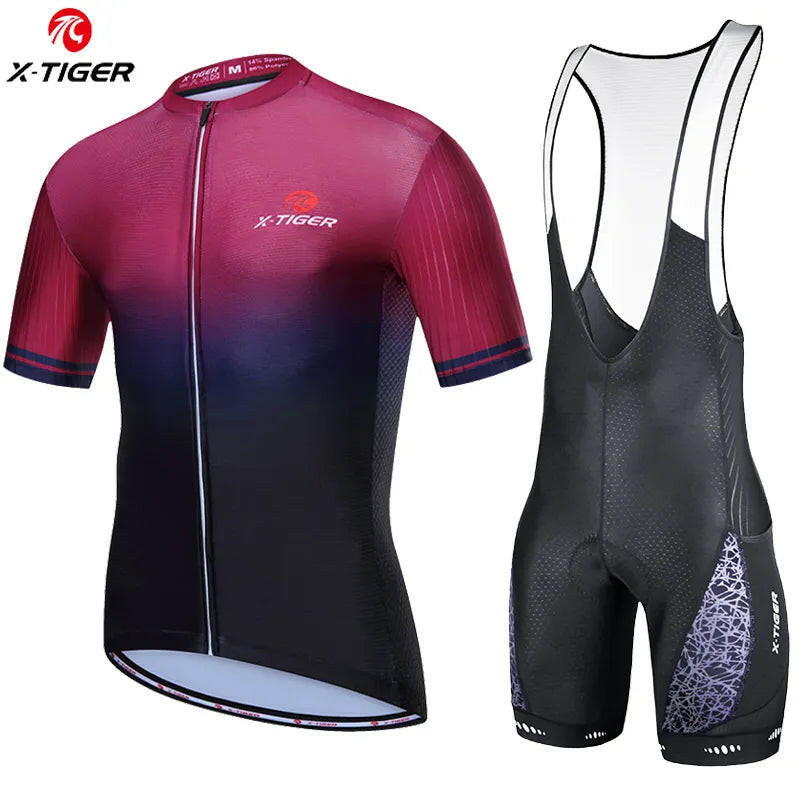 X-TIGER Men's Cycling Jersey Set Road Bike Jersey Zipper Pocket Bib Shorts Reflective Quick-Dry Breathable Biking Clothing Set-WAYBIKER