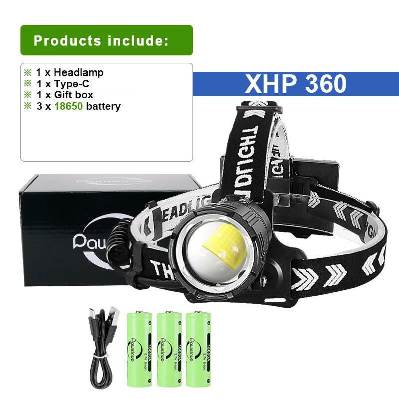 XHP360 High-Power LED Headlight High-Brightness USB Rechargeable Zoom IPX4 Waterproof Headlamp Camping Outdoor Work Head Lantern