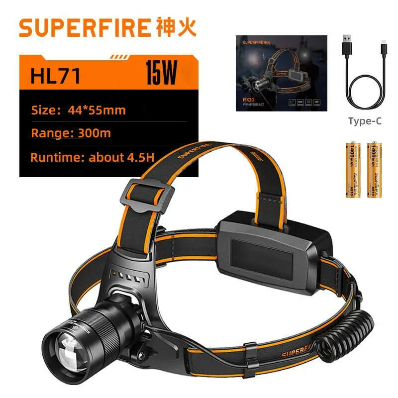 SUPERFIRE HL71/HL08 Portable LED Zoomable Headlamp Super Bright Camping Fishing Hiking Headlight Rechargeable Head Flashlight-WAYBIKER