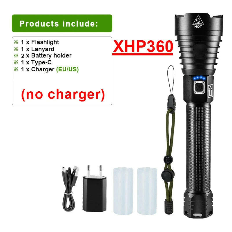 XHP360 Led Flashlight 18650 Rechargeable Torch Usb Powerful Tactical Flash Light Zoomable Hunting Lantern Waterproof Hand Lamp