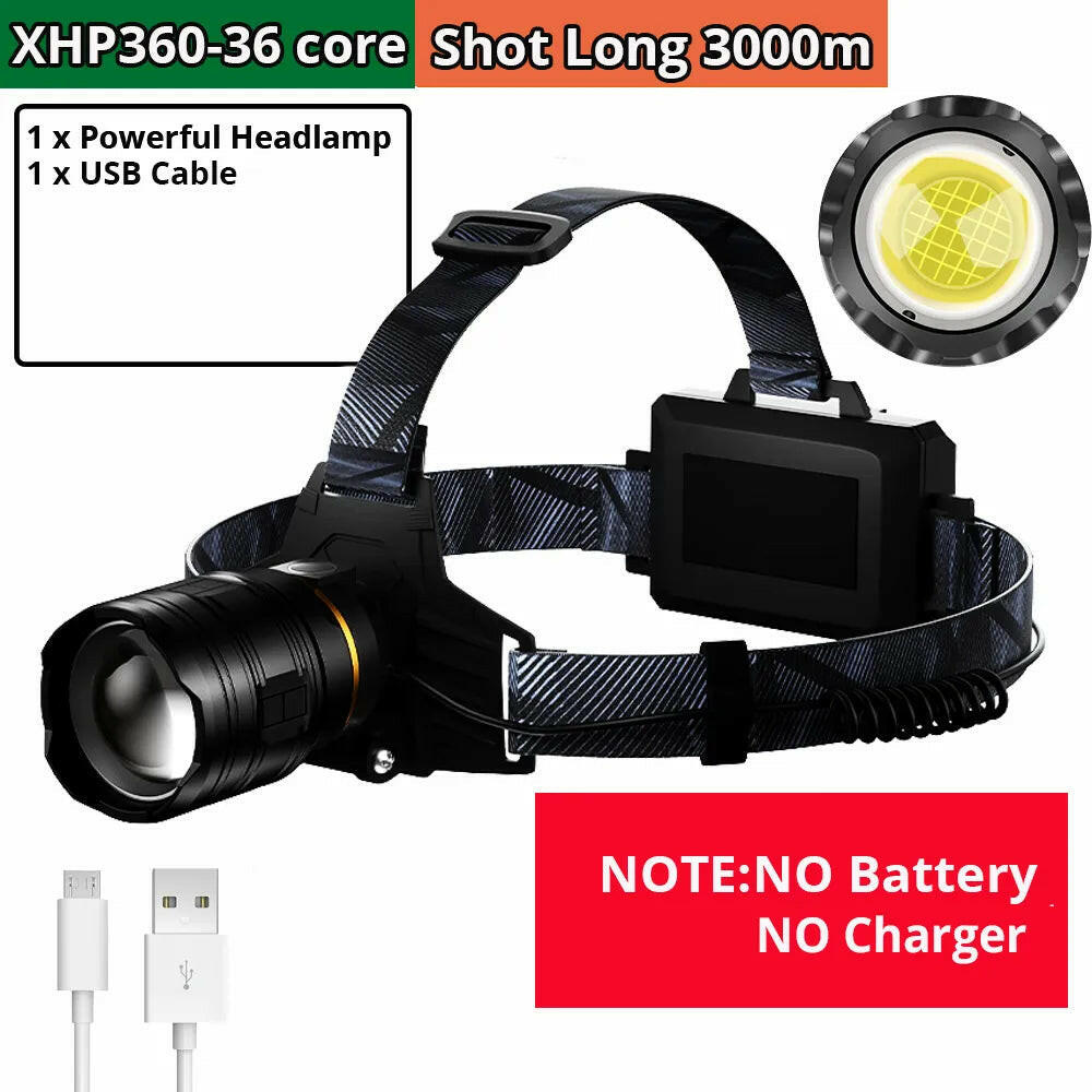 XHP360 36core LED Headlamp usb 18650 Rechargeable waterproof Camping Flashlight Zoomable Head Light Fishing Light