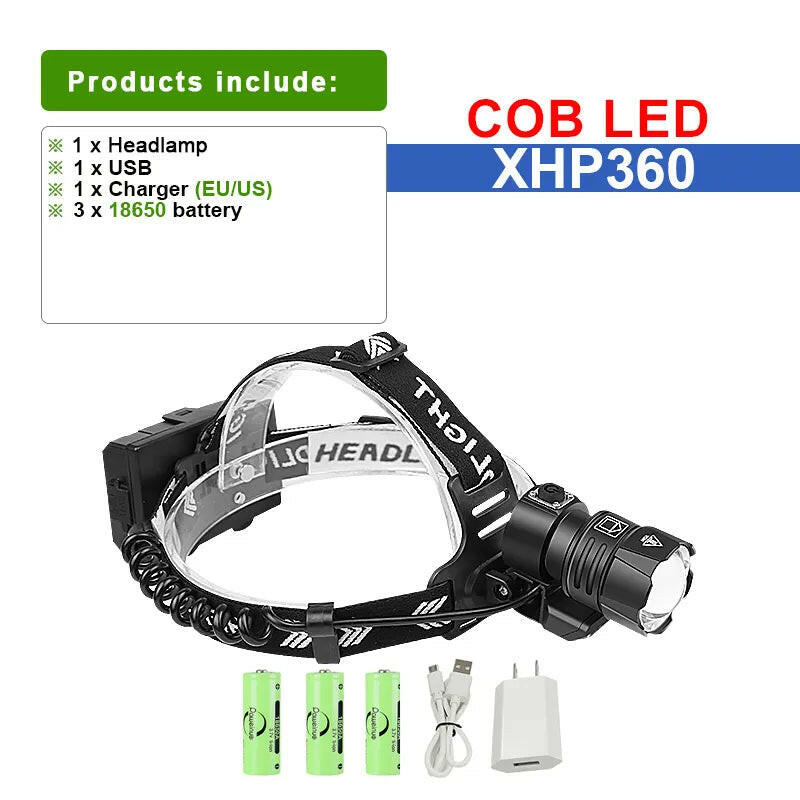 XHP360 COB LED Headlamp Powerful Headlight Flashlight 18650 USB Rechargeable XHP199 Head Light Zoom Waterproof Head Lamp Lantern