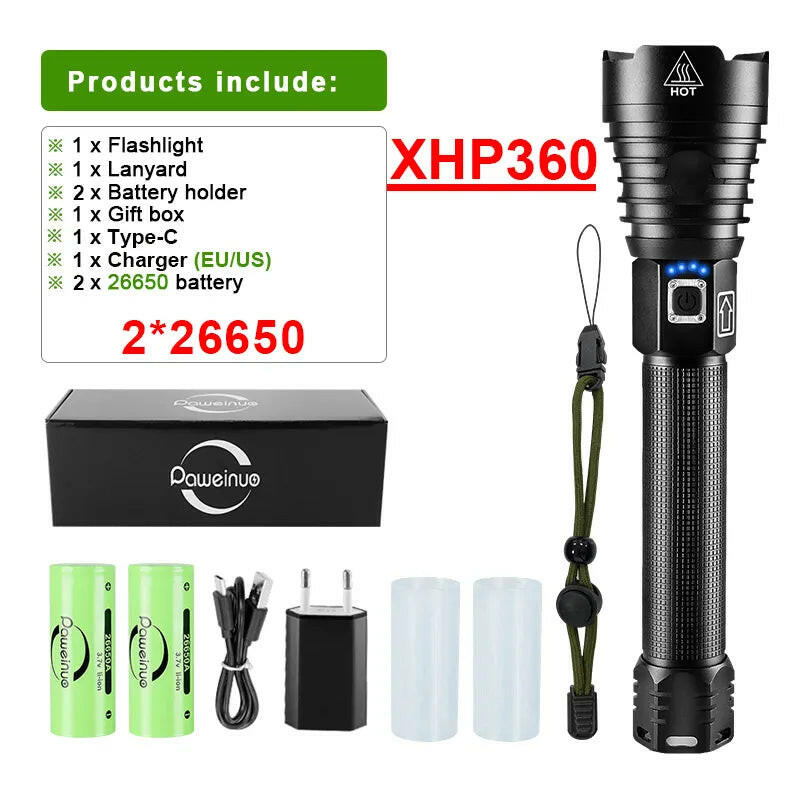 XHP360 Led Flashlight 18650 Rechargeable Torch Usb Powerful Tactical Flash Light Zoomable Hunting Lantern Waterproof Hand Lamp