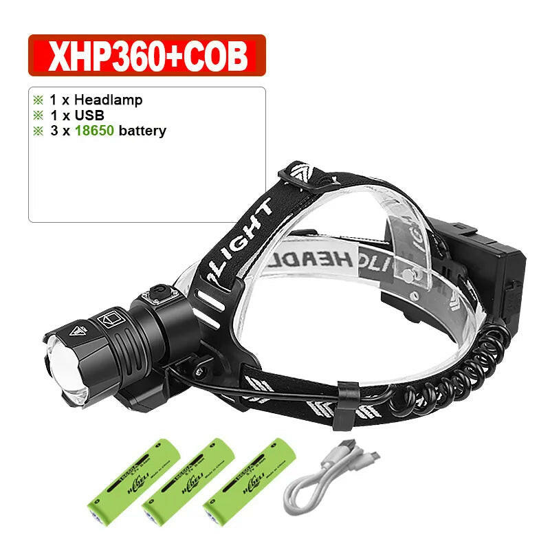 XHP360 Powerful LED Headlamp USB Rechargeable Head Lamp XHP90 Super Bright High Power Headlight 18650 Waterproof Head Flashlight