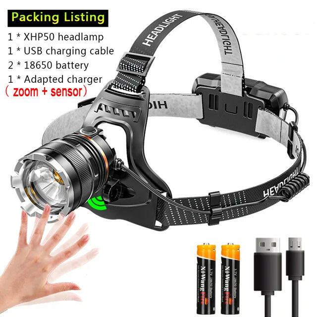 XHP50 Headlamp With Sensor Waterproof Head Light USB Rechargeable LED Zoom Lantern Fishing Searching Camping Head Flashlight