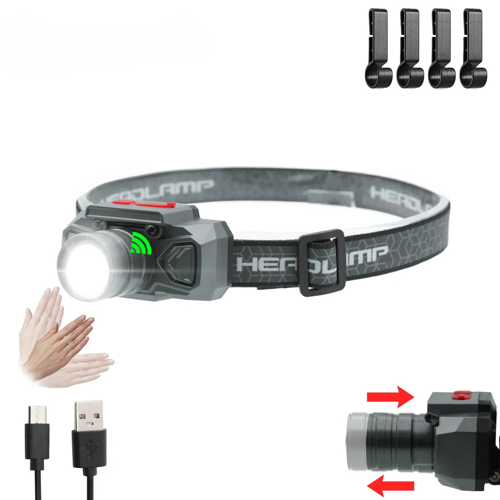 Zoom Rechargeable Flashlight LED Headlights High Power Sensor Light Headlamp Head-mounted Searchlight with USB Charging Outdoor